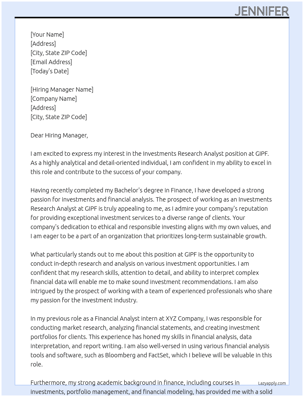 Cover letter for investments research analyst - LazyApply