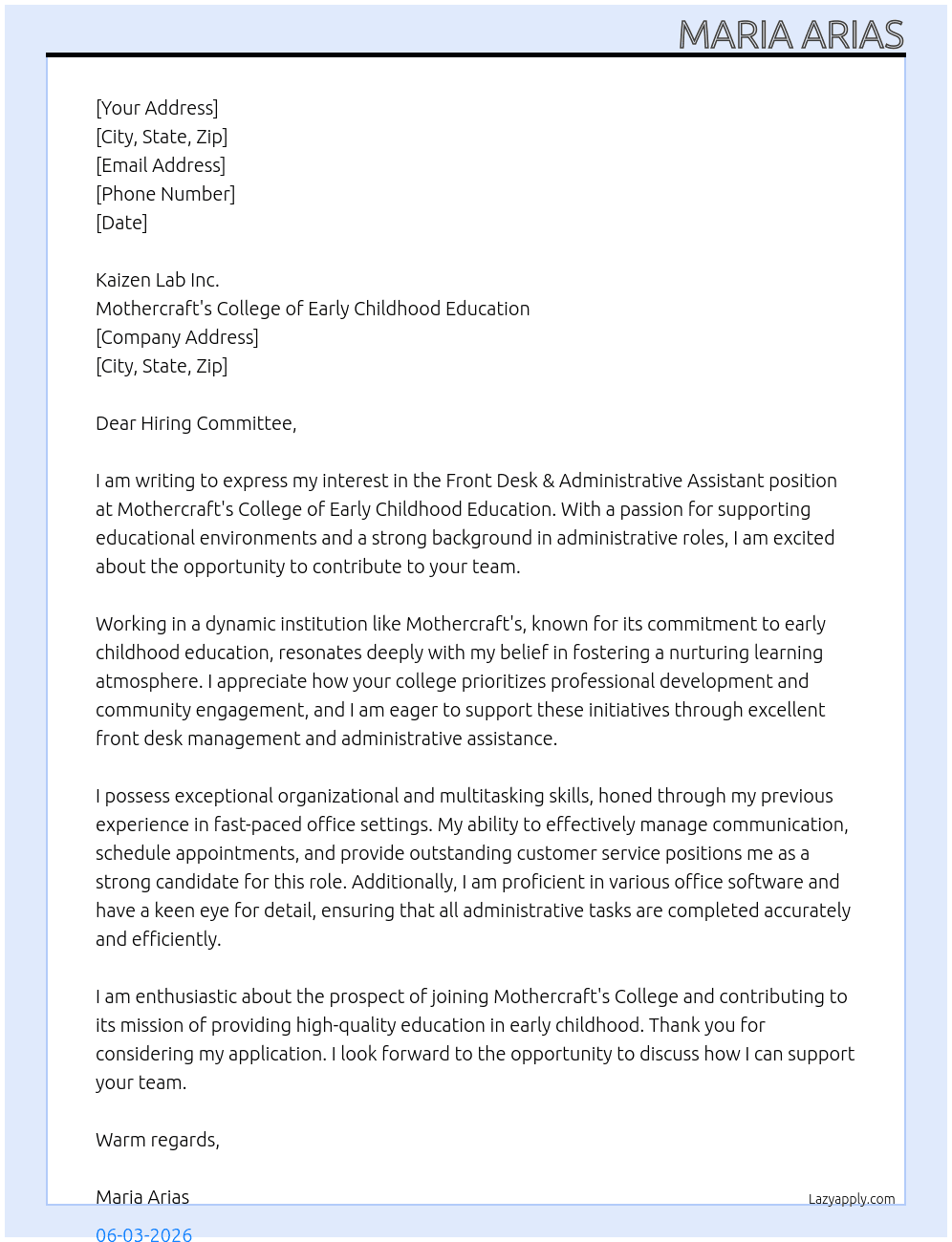 Front Desk & Administrative Assistant – Education Office At Mothercraft's College of Early Childhood Education. Cover Letter