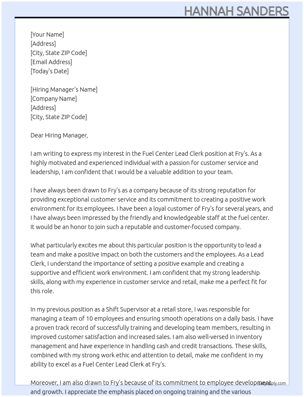 Fuel Center Lead Clerk At Fry's Cover Letter