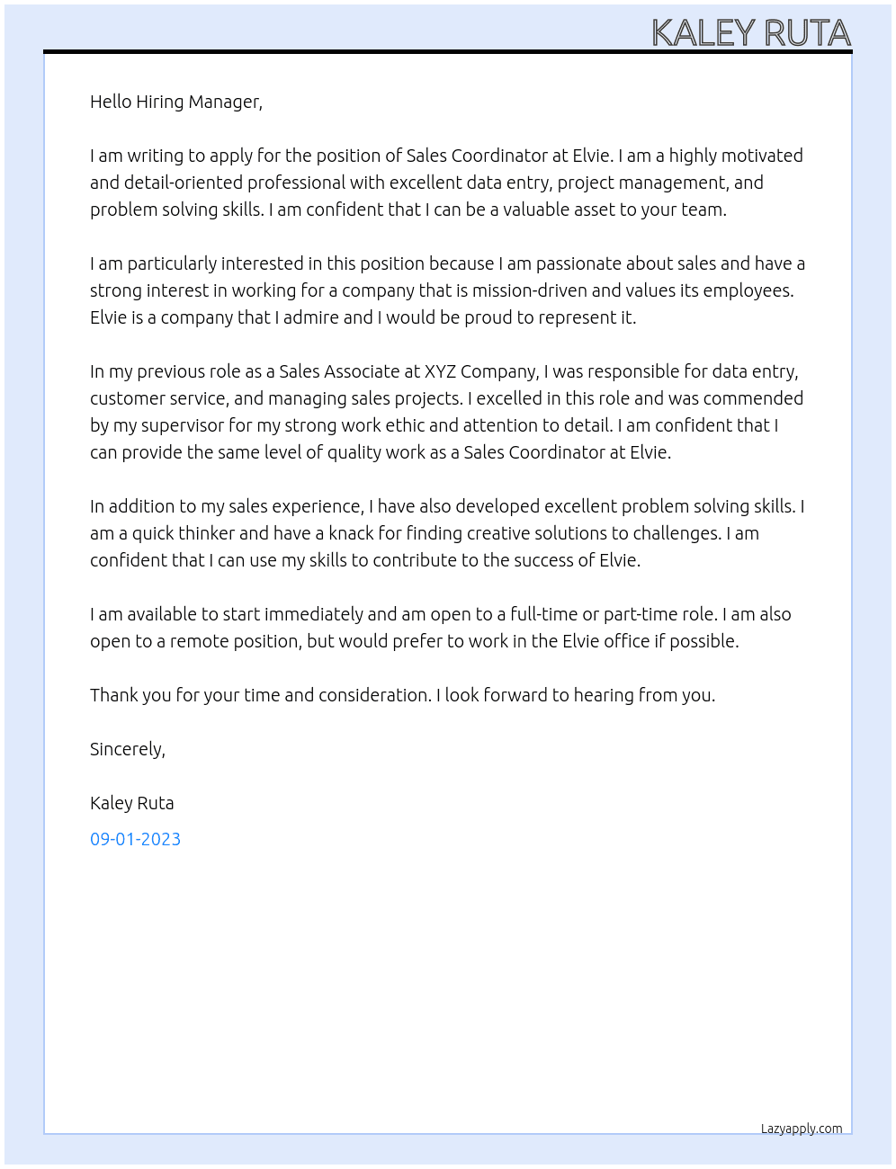Sales Coordinator At Elvie Cover Letter