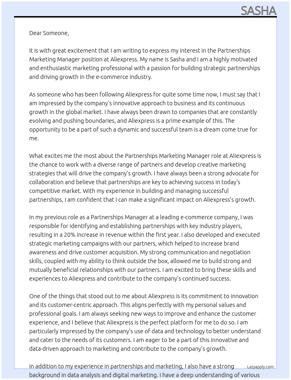 Partnerships marketing manager At Aliexpress Cover Letter