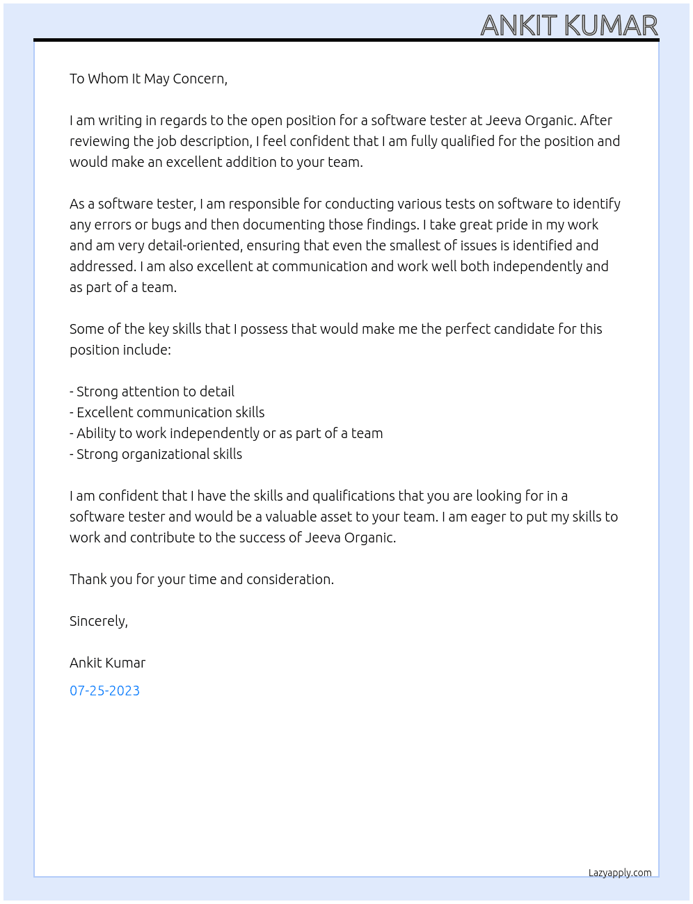software tester At jeeva organic Cover Letter