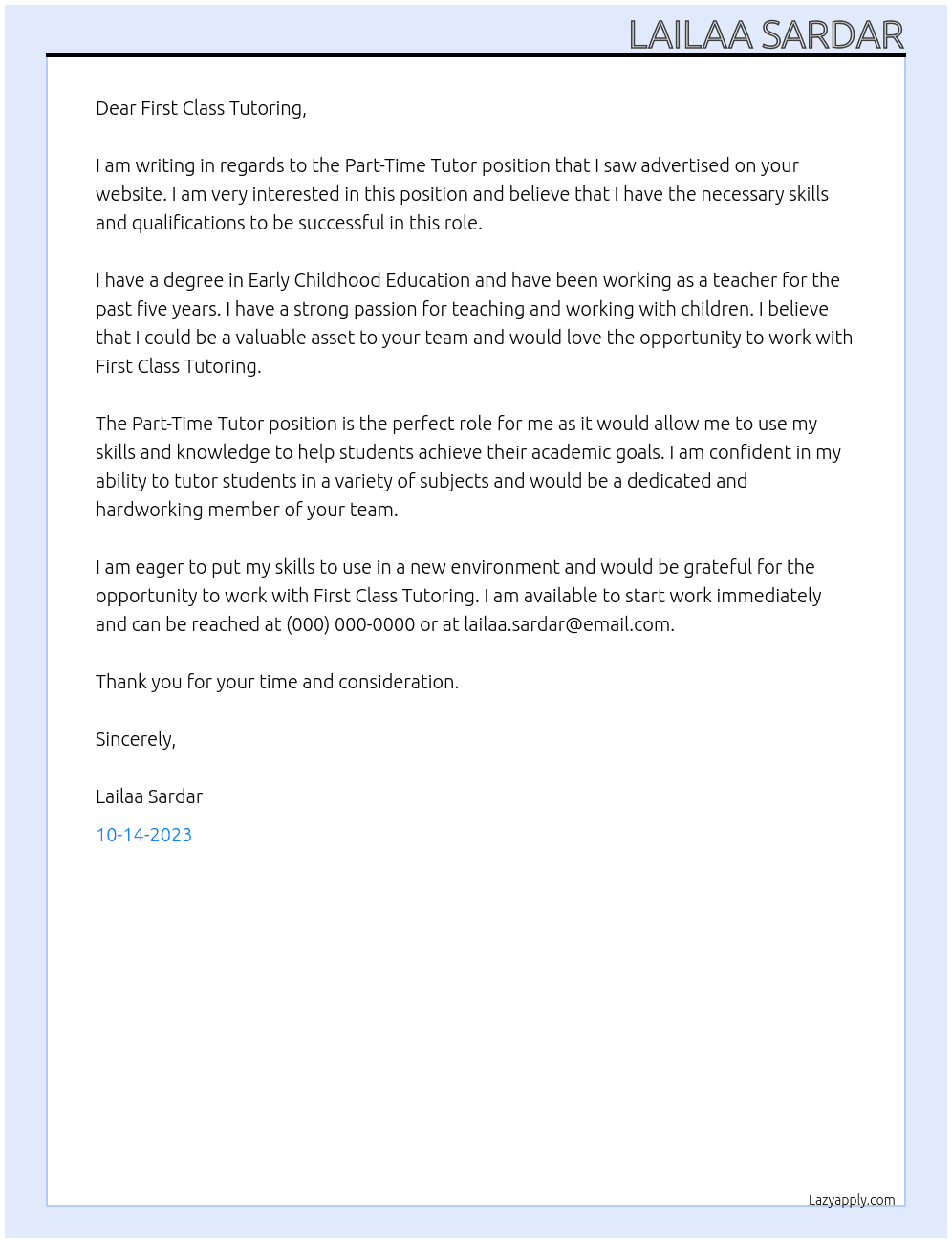 Part-Time Tutor At First Class Tutoring Cover Letter