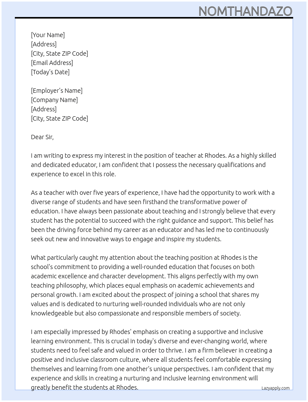 teacher At RHODES Cover Letter