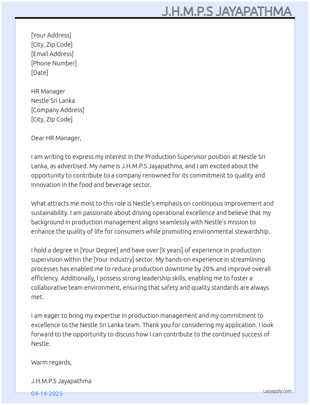 Production Supervisor  At Nestle Sri Lanka  Cover Letter