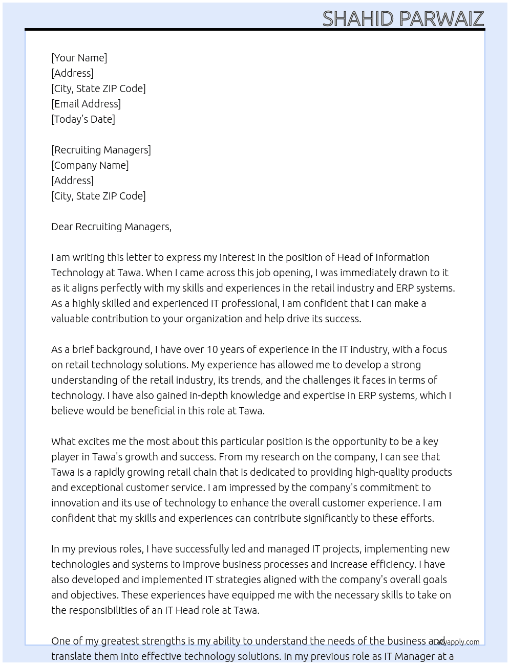 Head of Information Technology  At Tawa Cover Letter