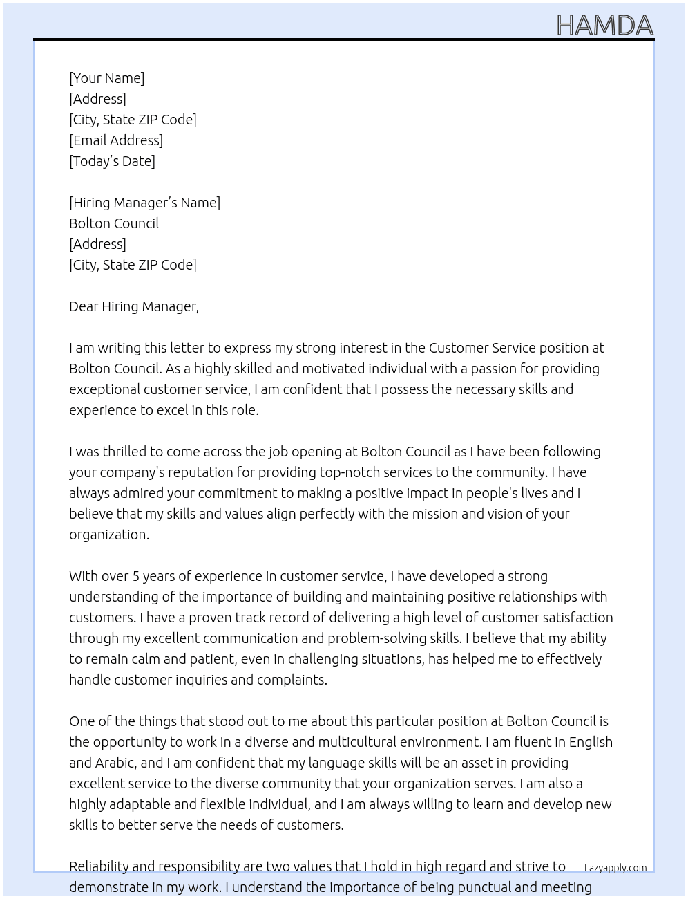 Customer service  At Bolton council  Cover Letter