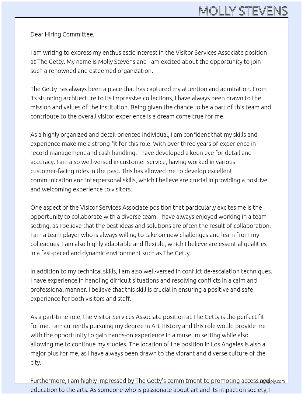 Visitor Services Associate At The Getty Cover Letter