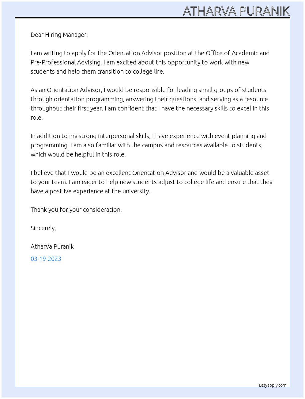 Orientation Advisor At Office of Academic and pre professional advising Cover Letter