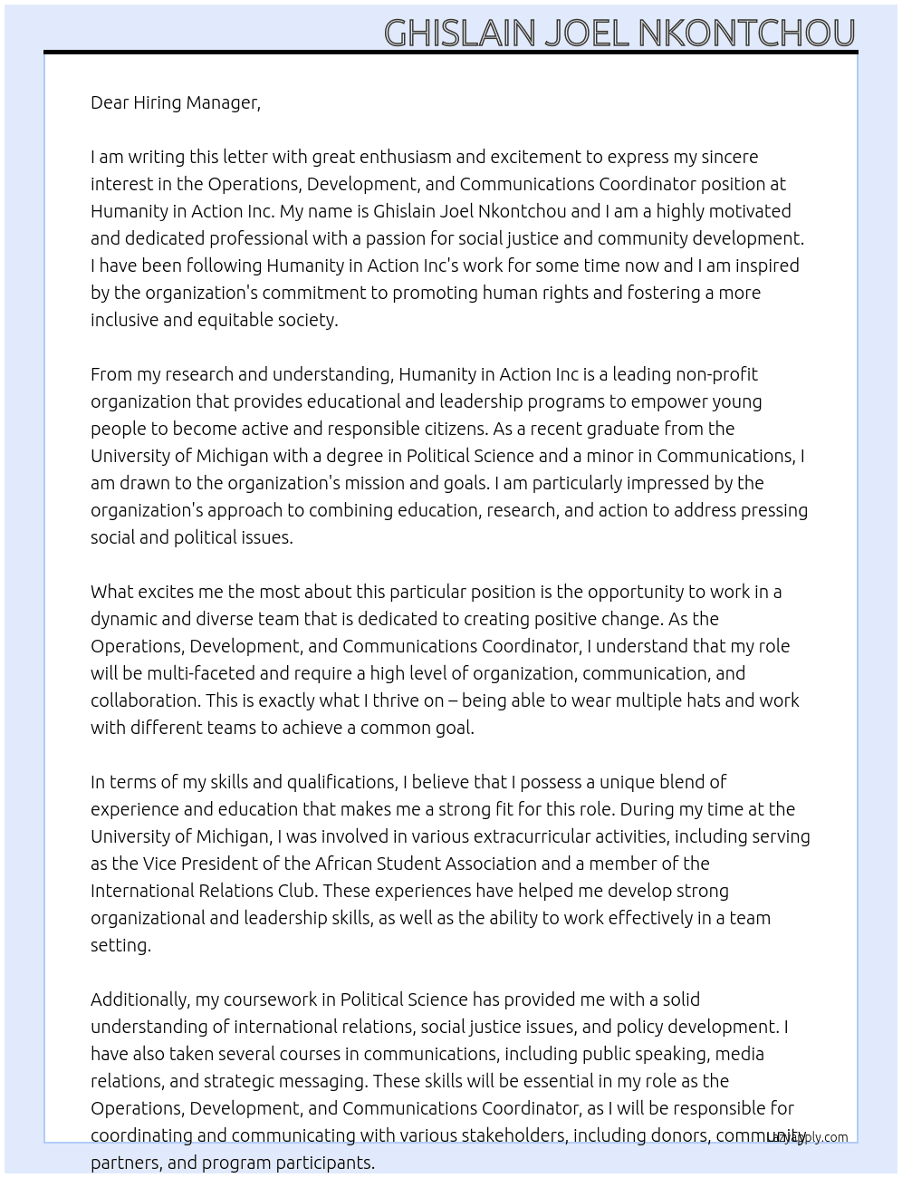 Operations, Development, and Communications Coordinator At Humanity in Action Inc Cover Letter