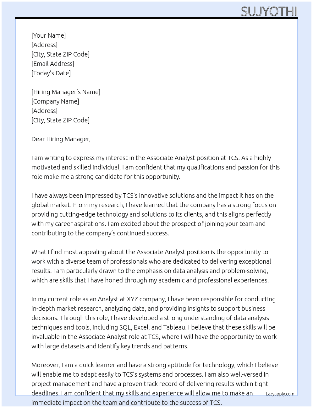 Associate Analyst At TCS Cover Letter