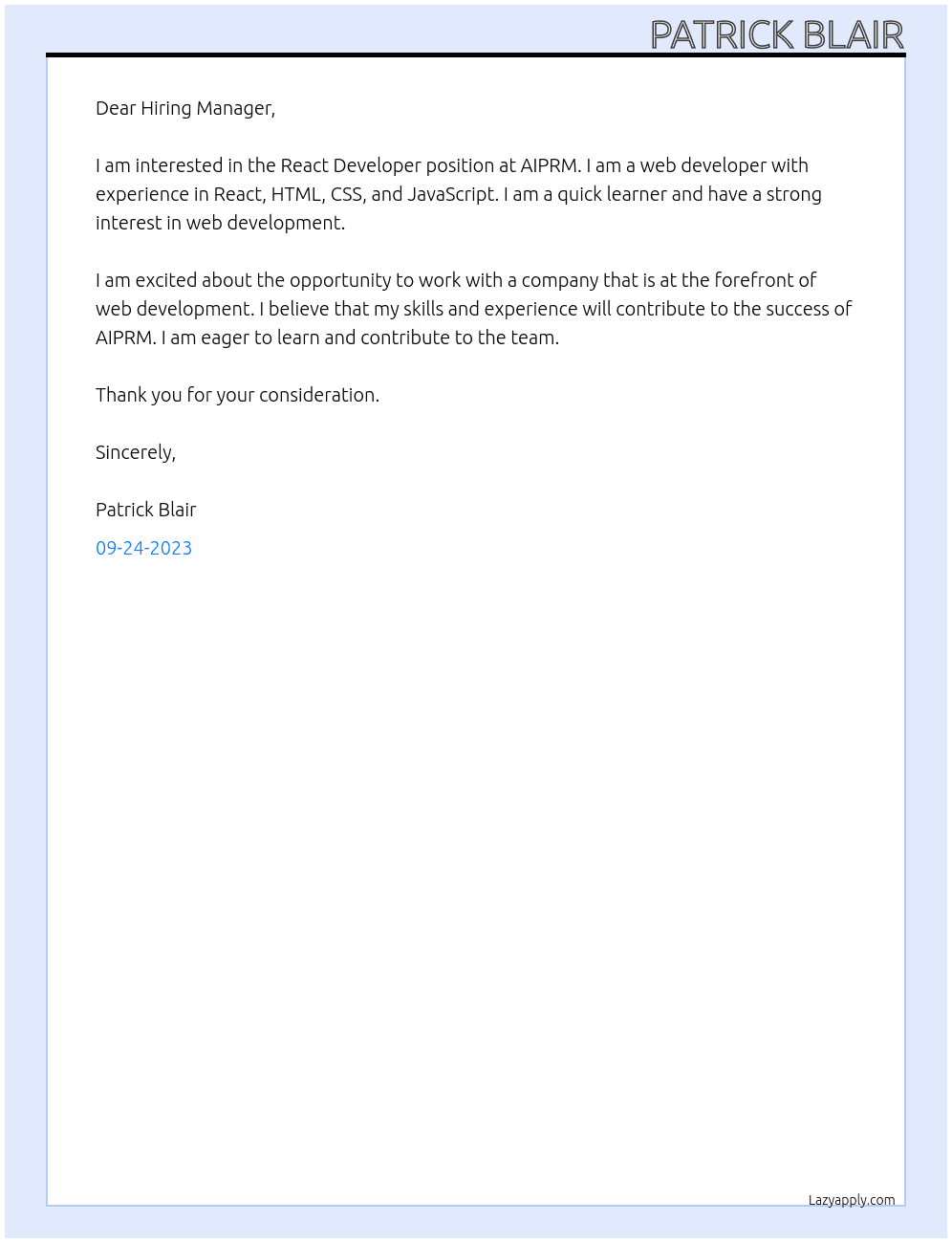 React Developer At AIPRM Cover Letter