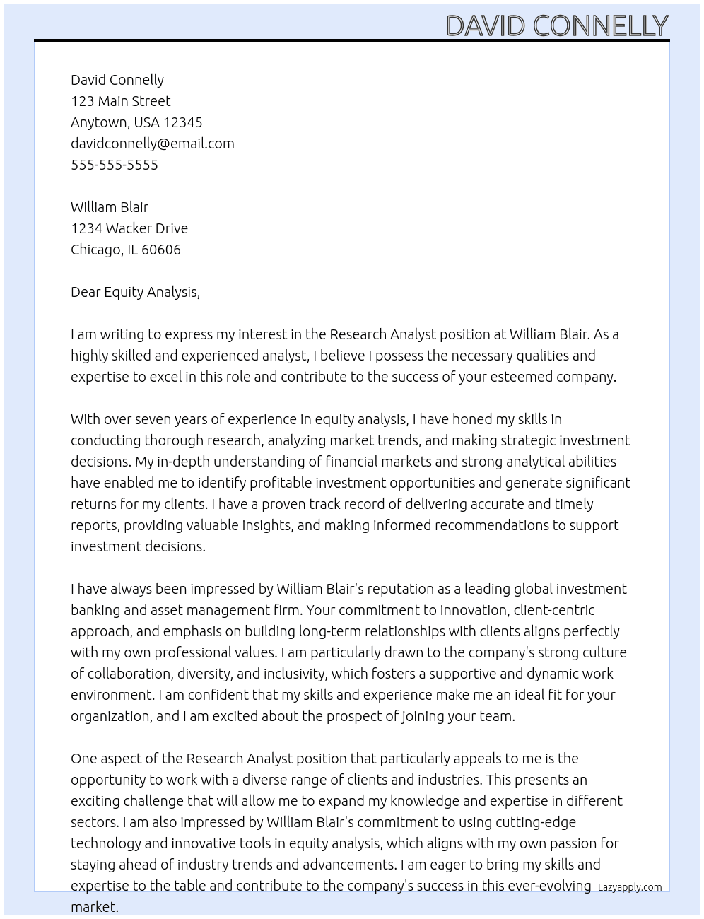 Research Analyst At William Blair Cover Letter