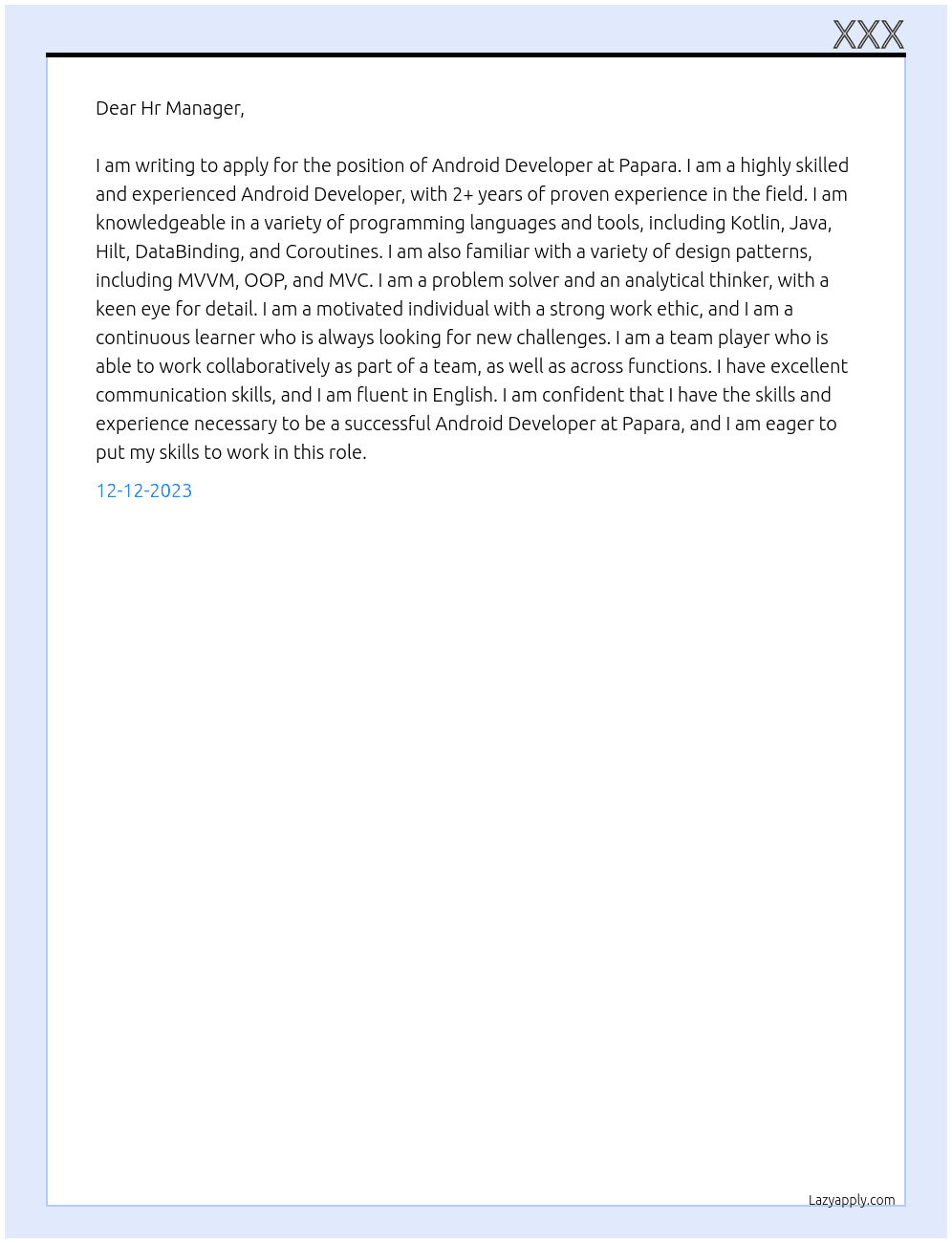 Android Developer At Papara Cover Letter