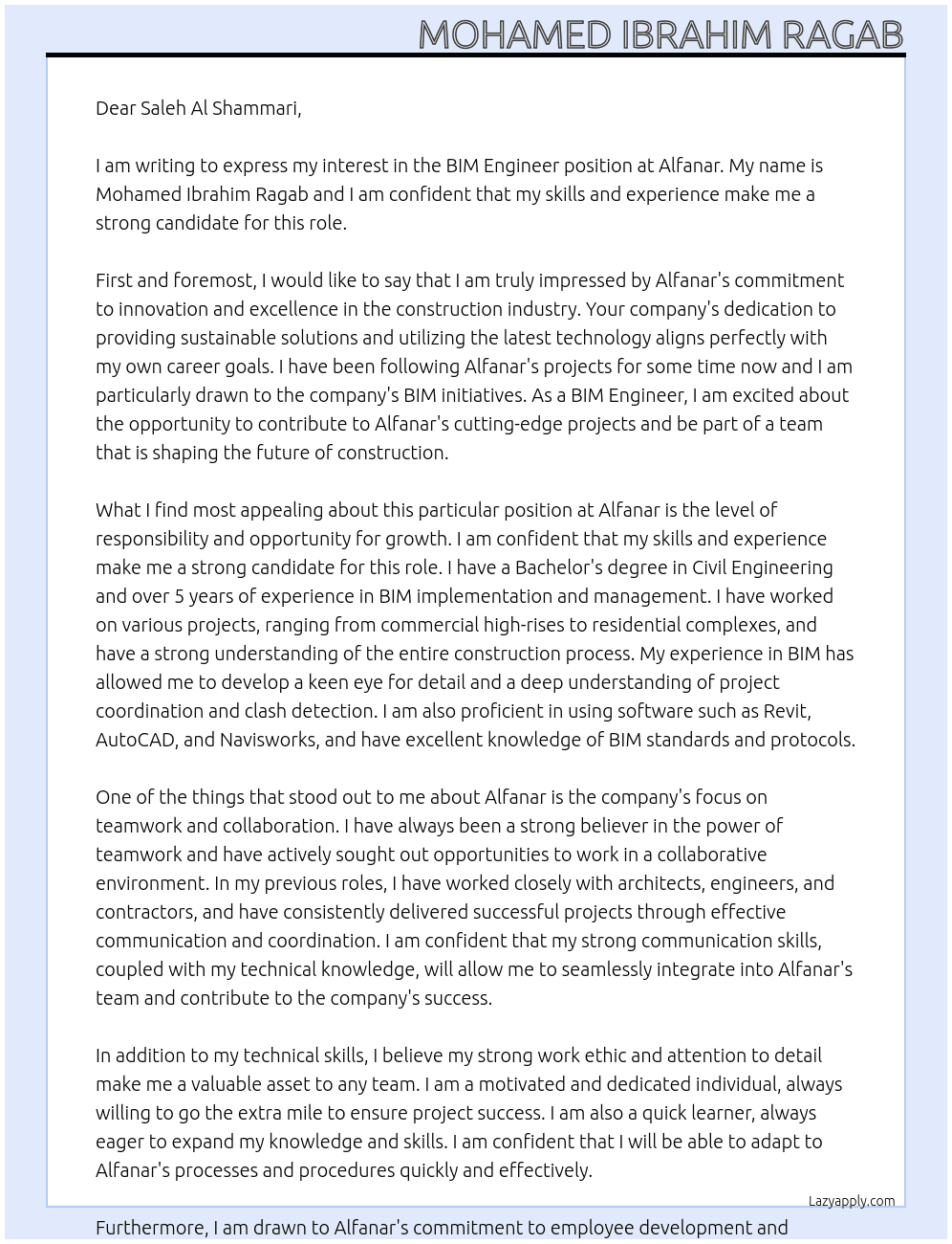 BIM ENGINEER At Alfanar Cover Letter