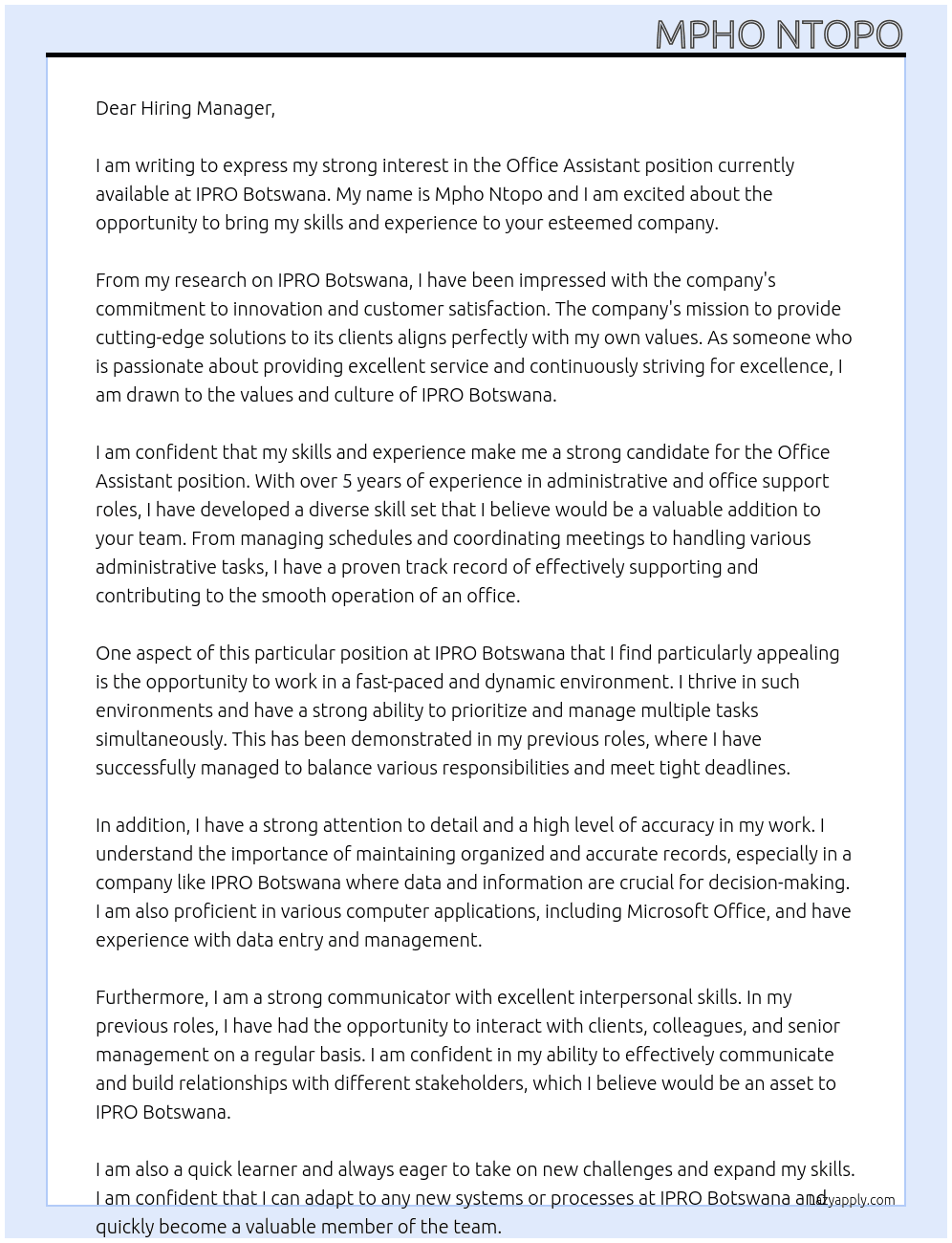 Office Assitant  At IPRO Botswana Cover Letter