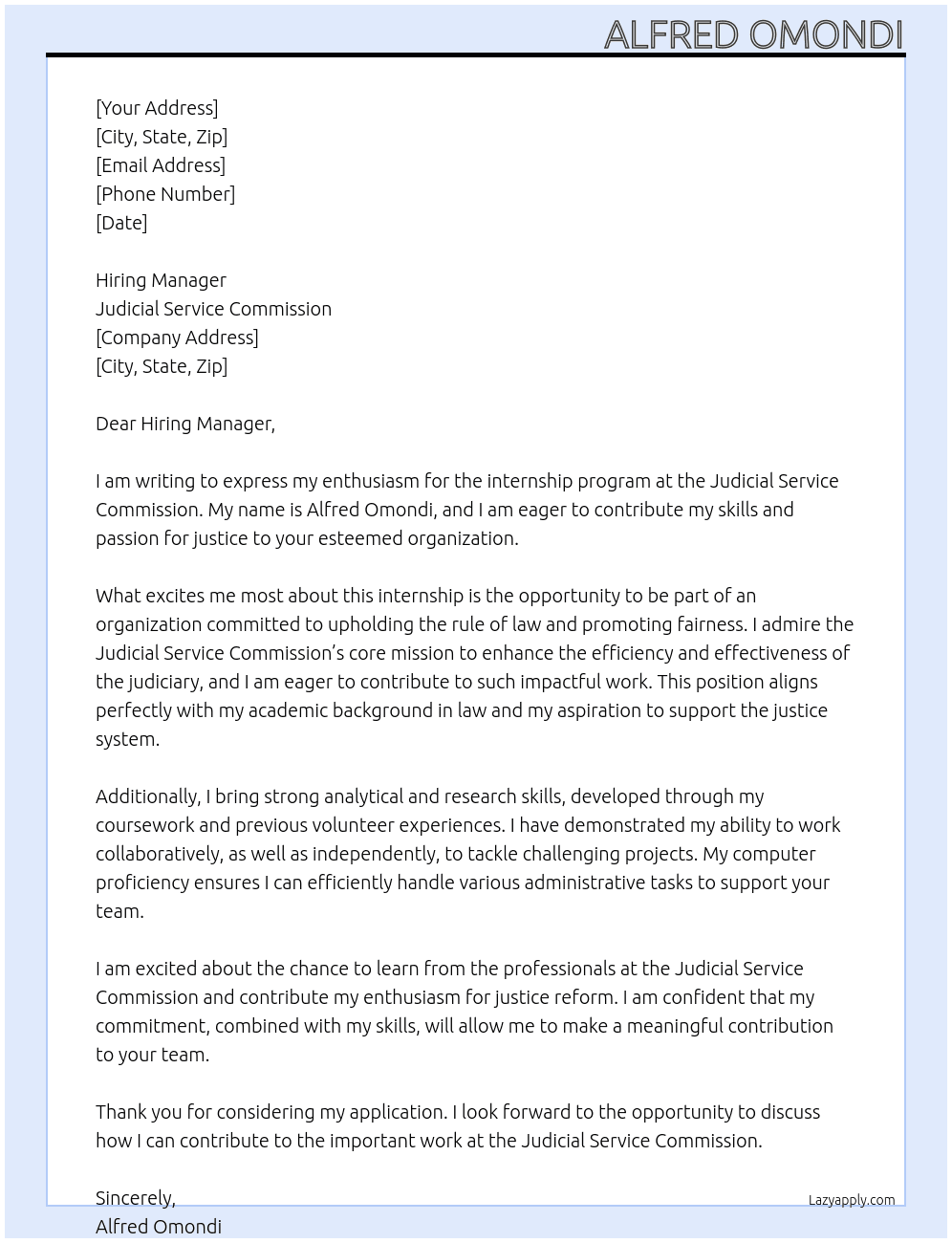Internship program At Judicial service commission  Cover Letter