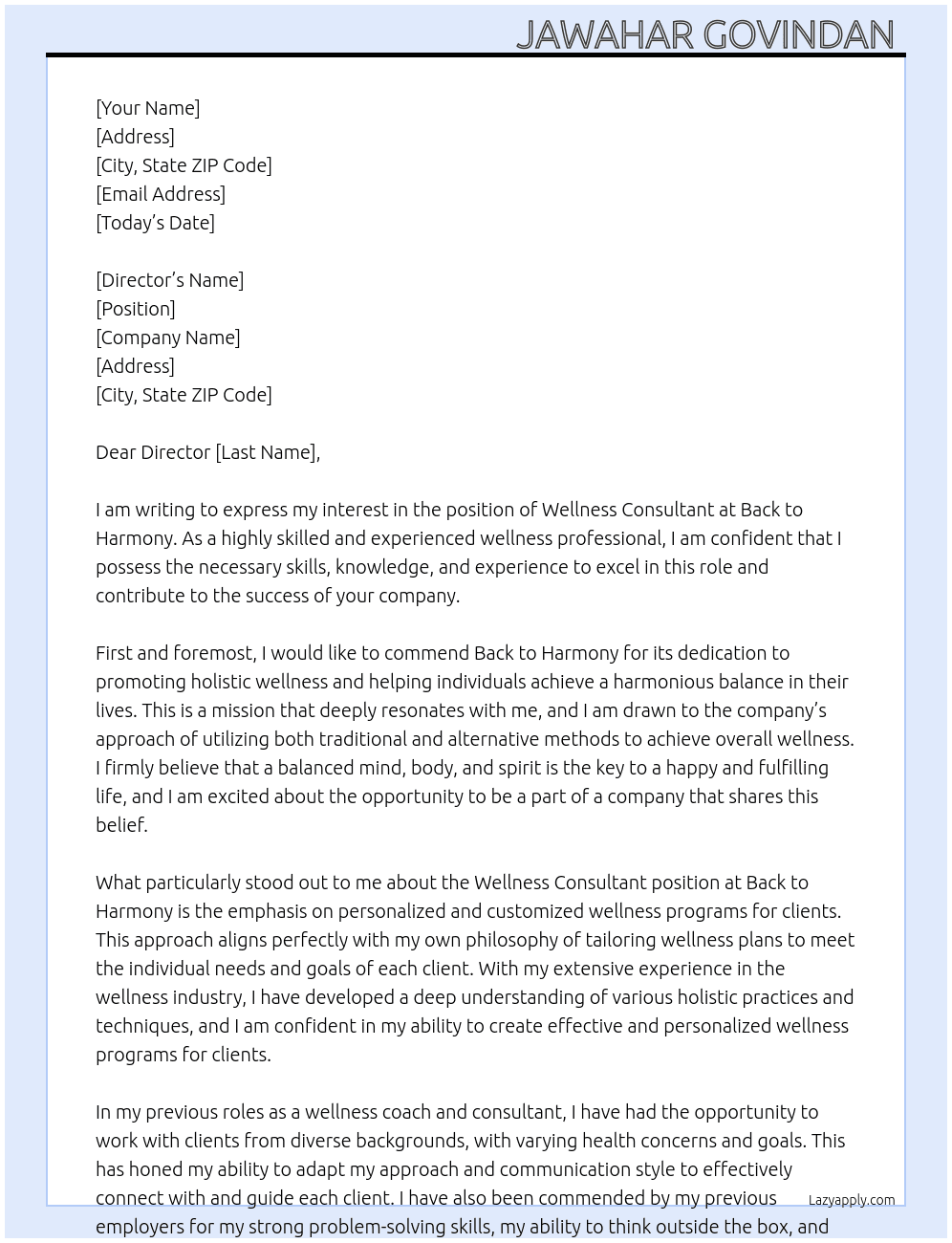 Wellness Consultant  At Back to harmony  Cover Letter