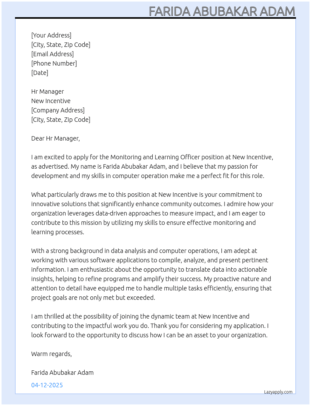 Cover letter for monitoring and learning officer - LazyApply
