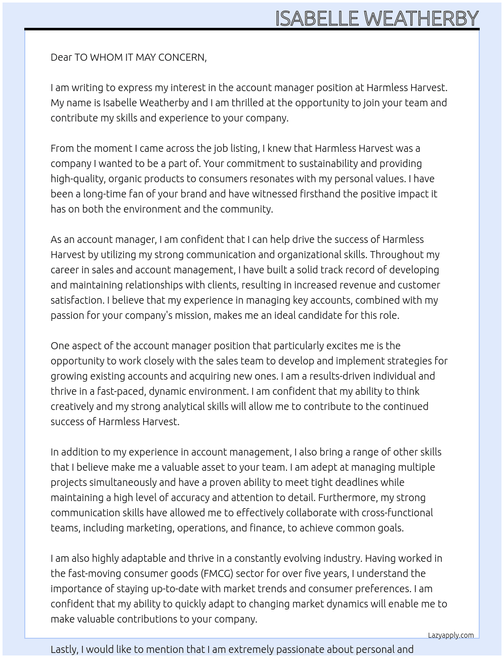 account manager At Harmless Harvest Cover Letter