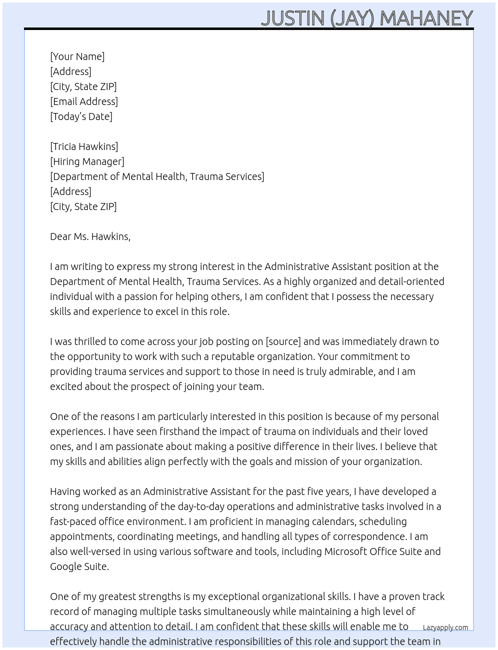 Administrative Assistant  At Department of Mental Health, Trauma Services Cover Letter