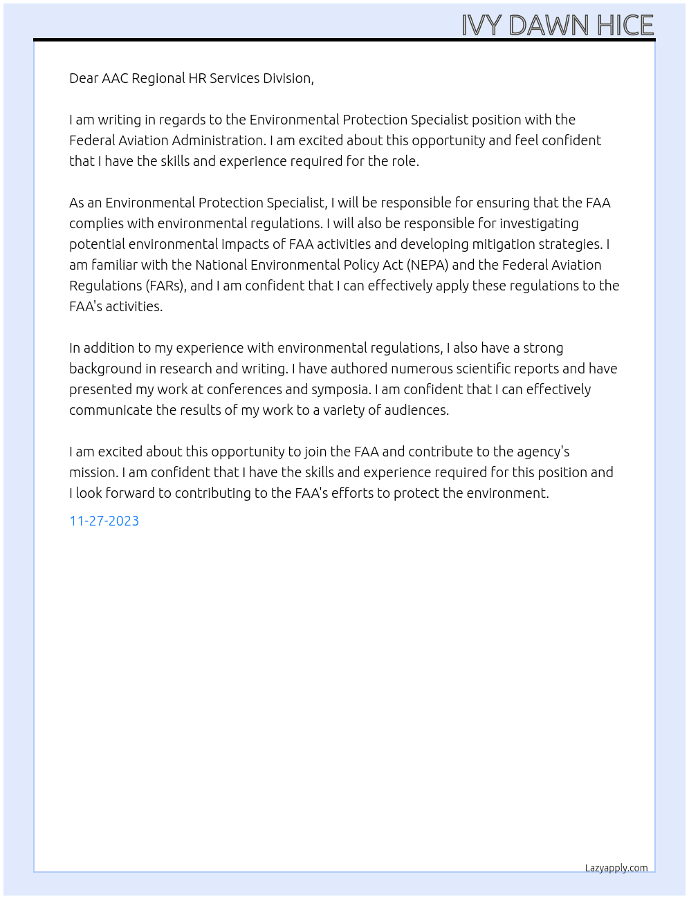 Environmental Protection Specialist At Federal Aviation Association Cover Letter
