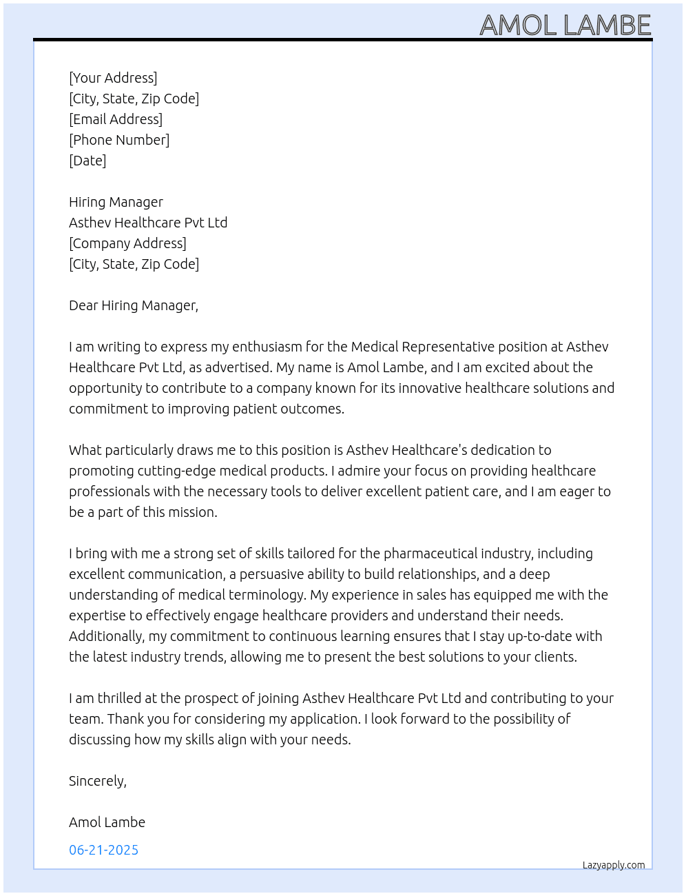 medical represatative At asthev healthcare pvt ltd Cover Letter