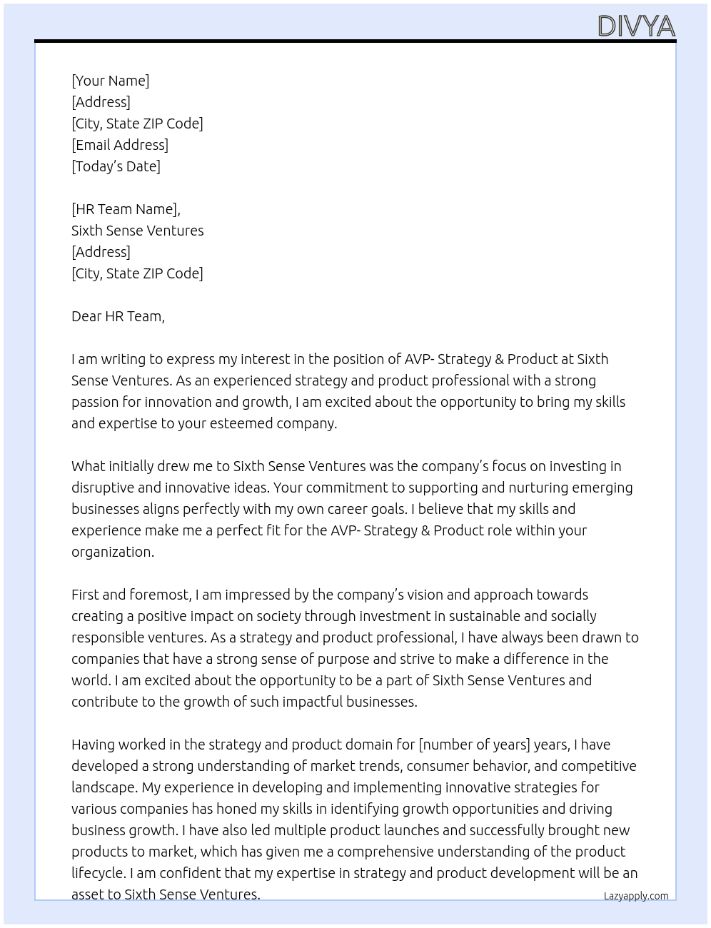AVP- Strategy & Product At Sixth Sense Ventures Cover Letter