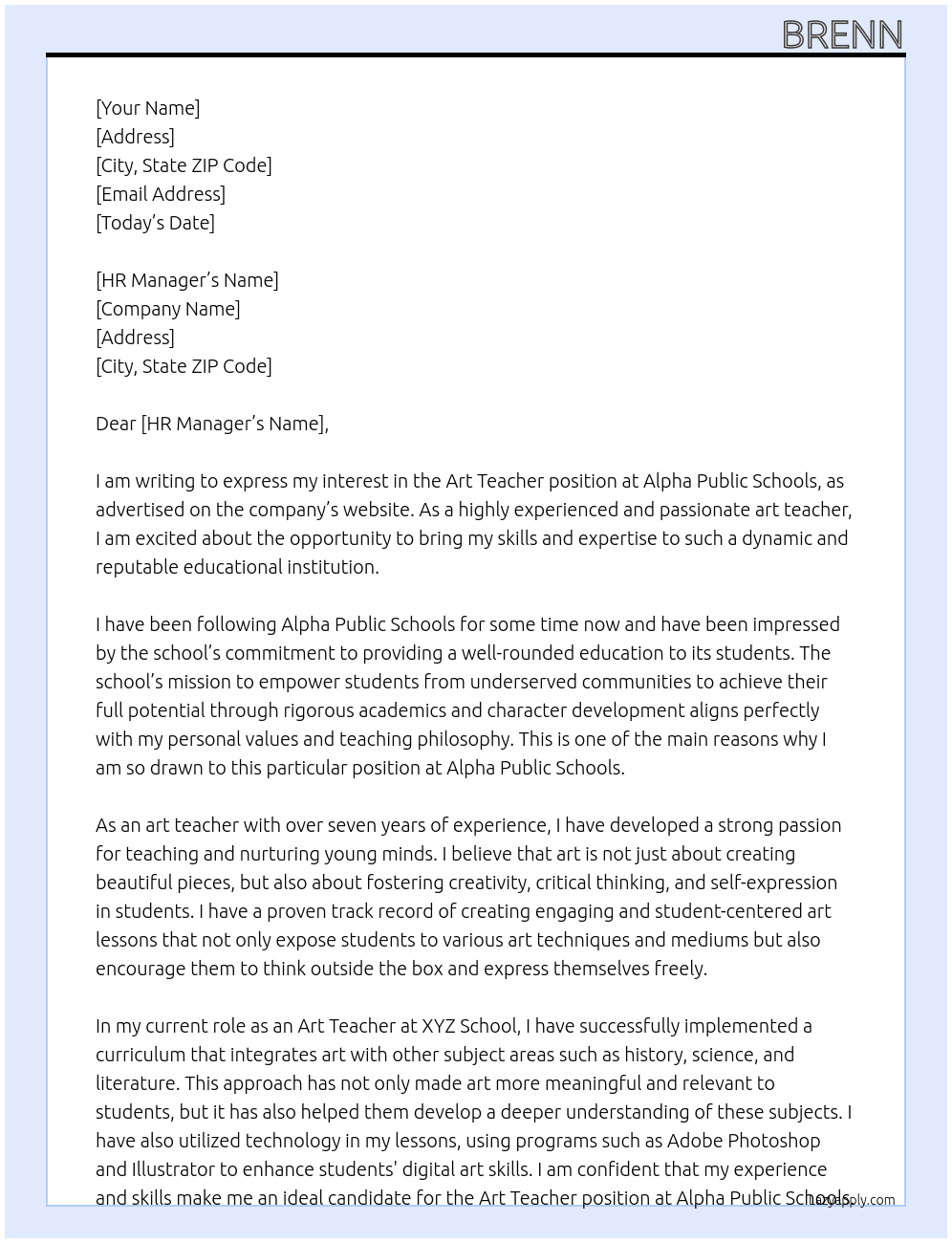 Art Teacher At Alpha Public Schools Cover Letter