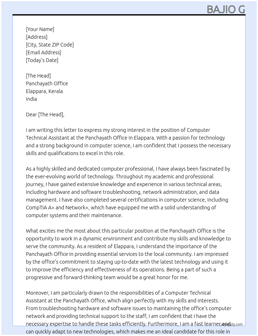 Computer Technical Assistant At Panchayath office, Elappara Cover Letter