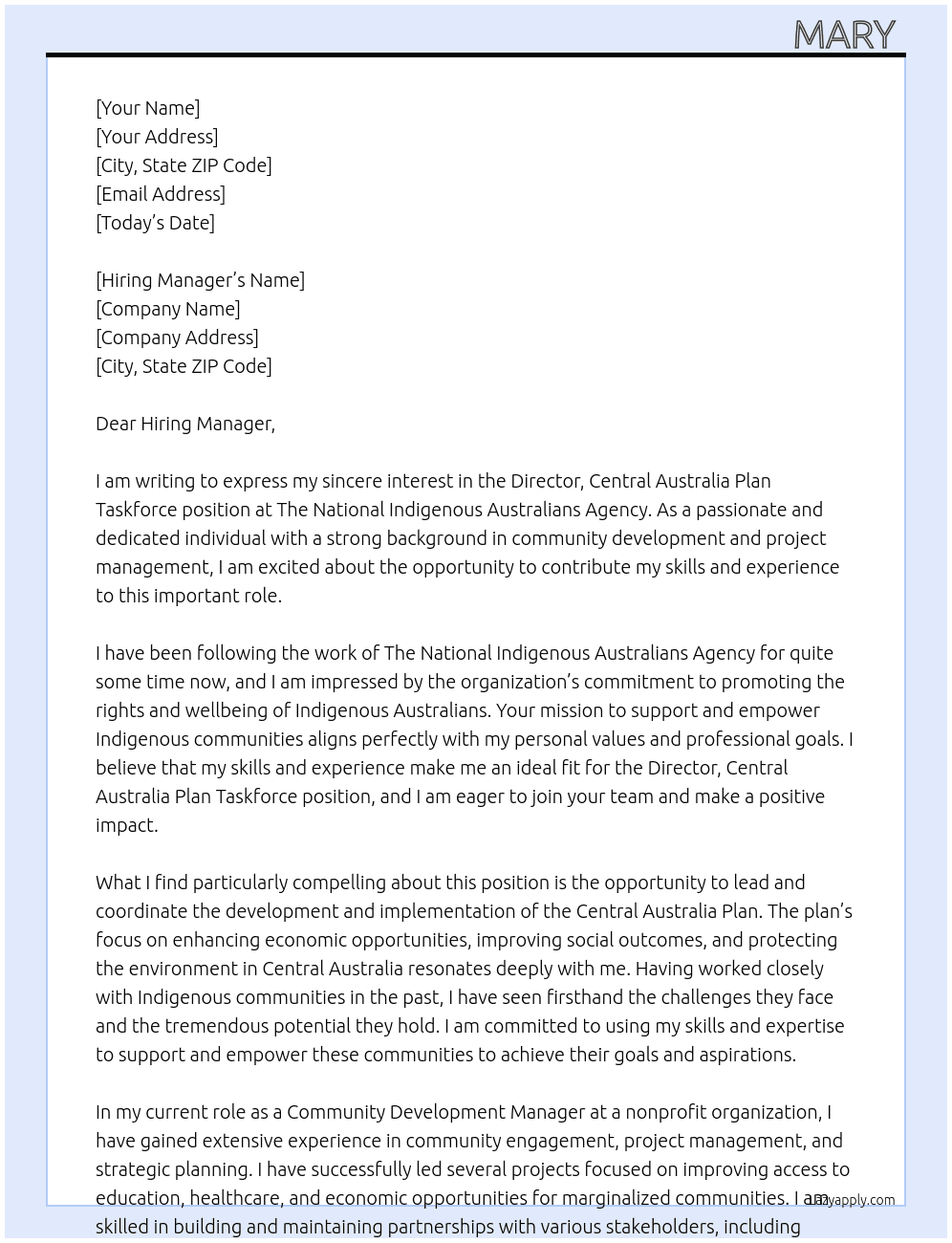 Director, Central Australia Plan Taskforce At The National Indigenous Australians Agency  Cover Letter