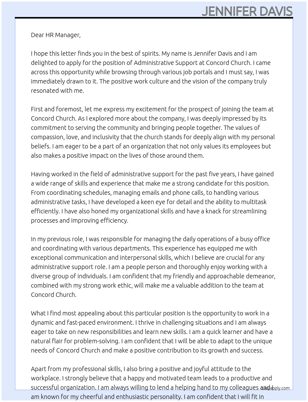 Administrative Support At Concord Church Cover Letter