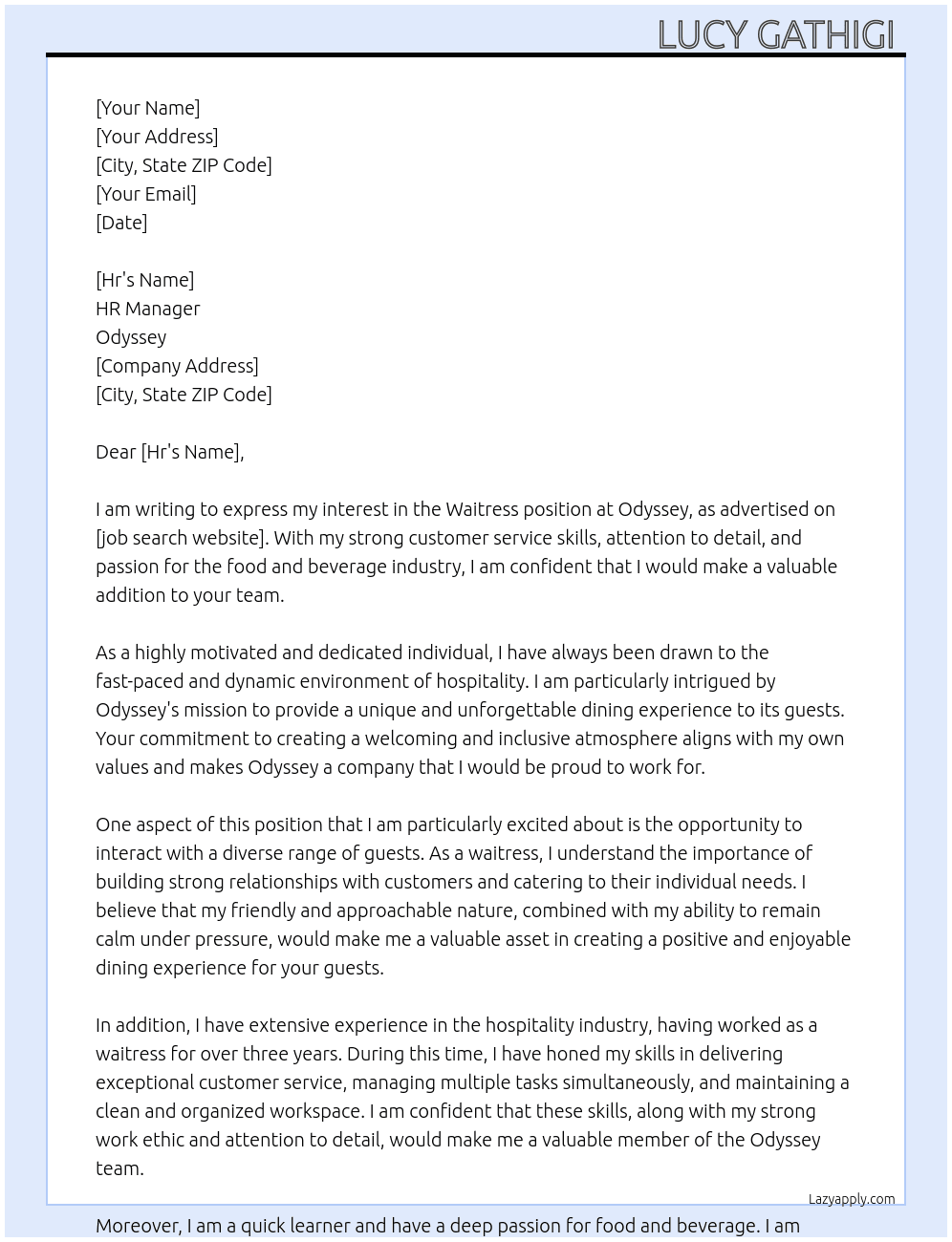Waitress  At Odyssey  Cover Letter