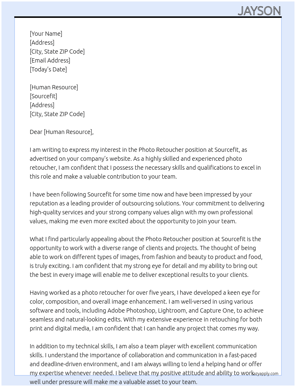Photo Retoucher At Sourcefit Cover Letter