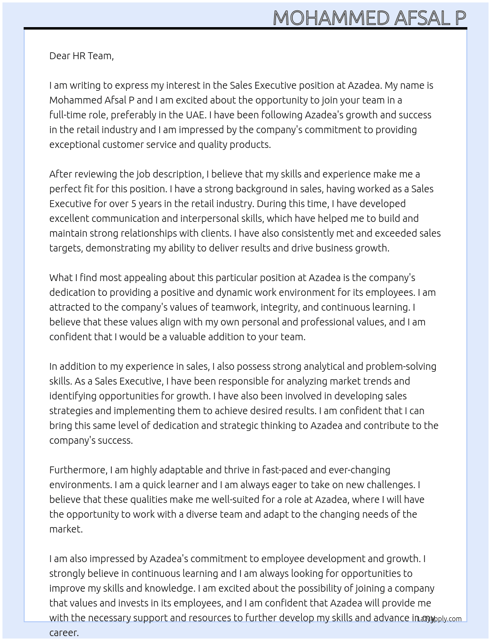 Sales executive At Azadea Cover Letter
