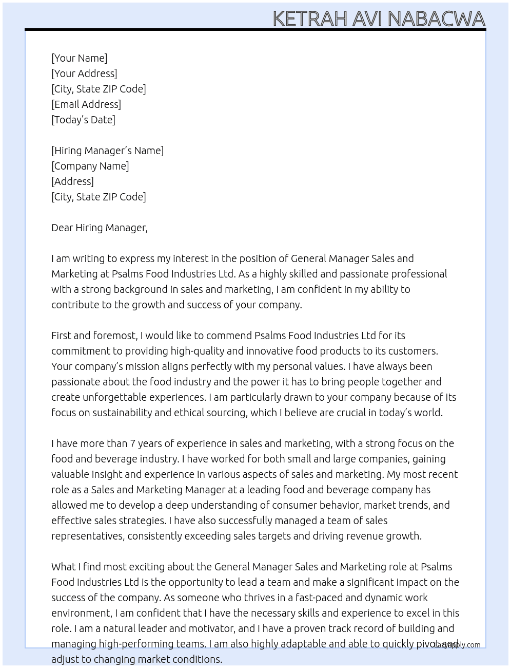General Manager Sales and Marketing At Psalms Food Industries Ltd Cover Letter
