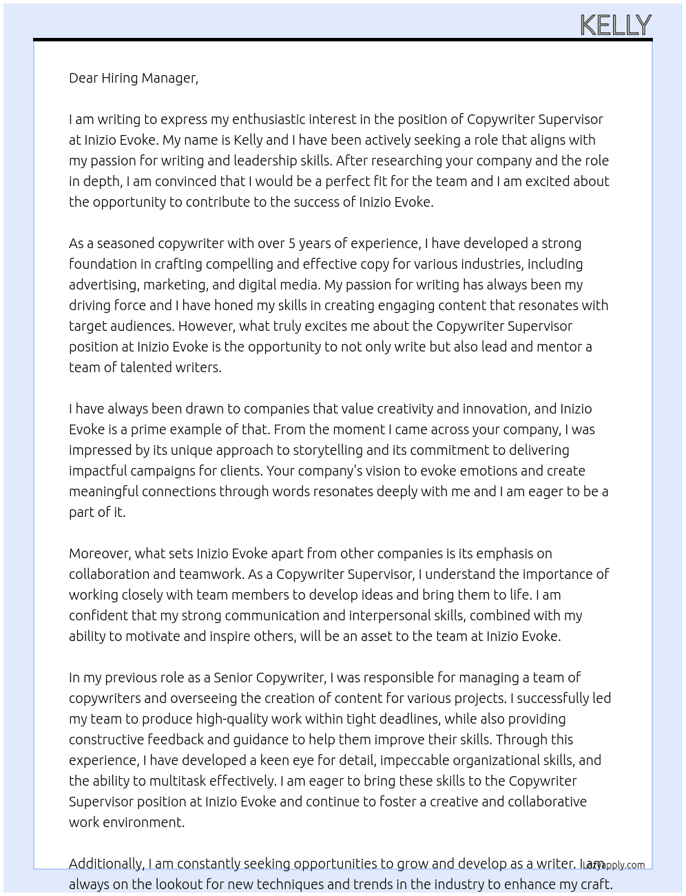 copywriter supervisor At Inizio Evoke Cover Letter