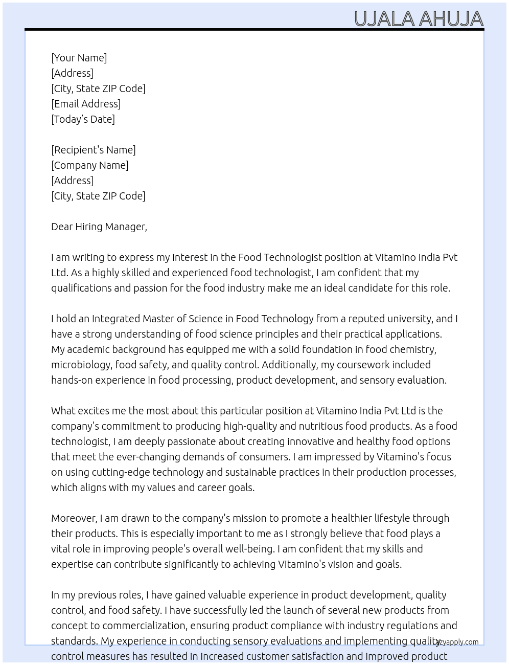 Food Technologist At Vitamino India Pvt Ltd Cover Letter