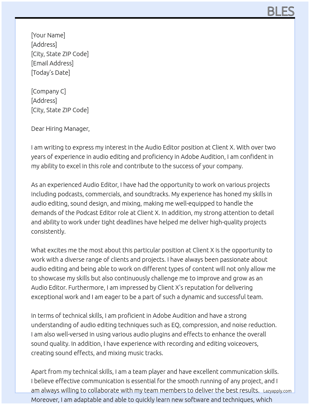 Audio Editor At Client X Cover Letter