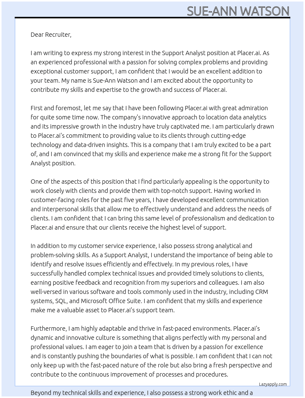 Support analyst  At Placer.ai Cover Letter
