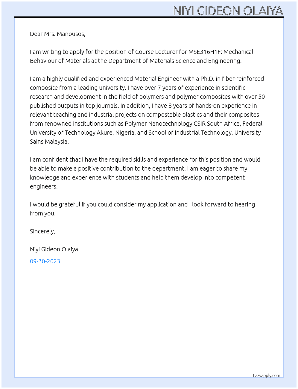 Course lecturer MSE316H1F: Mechanical Behaviour of Materials (34162) At Department of Materials Science and Engineering Cover Letter