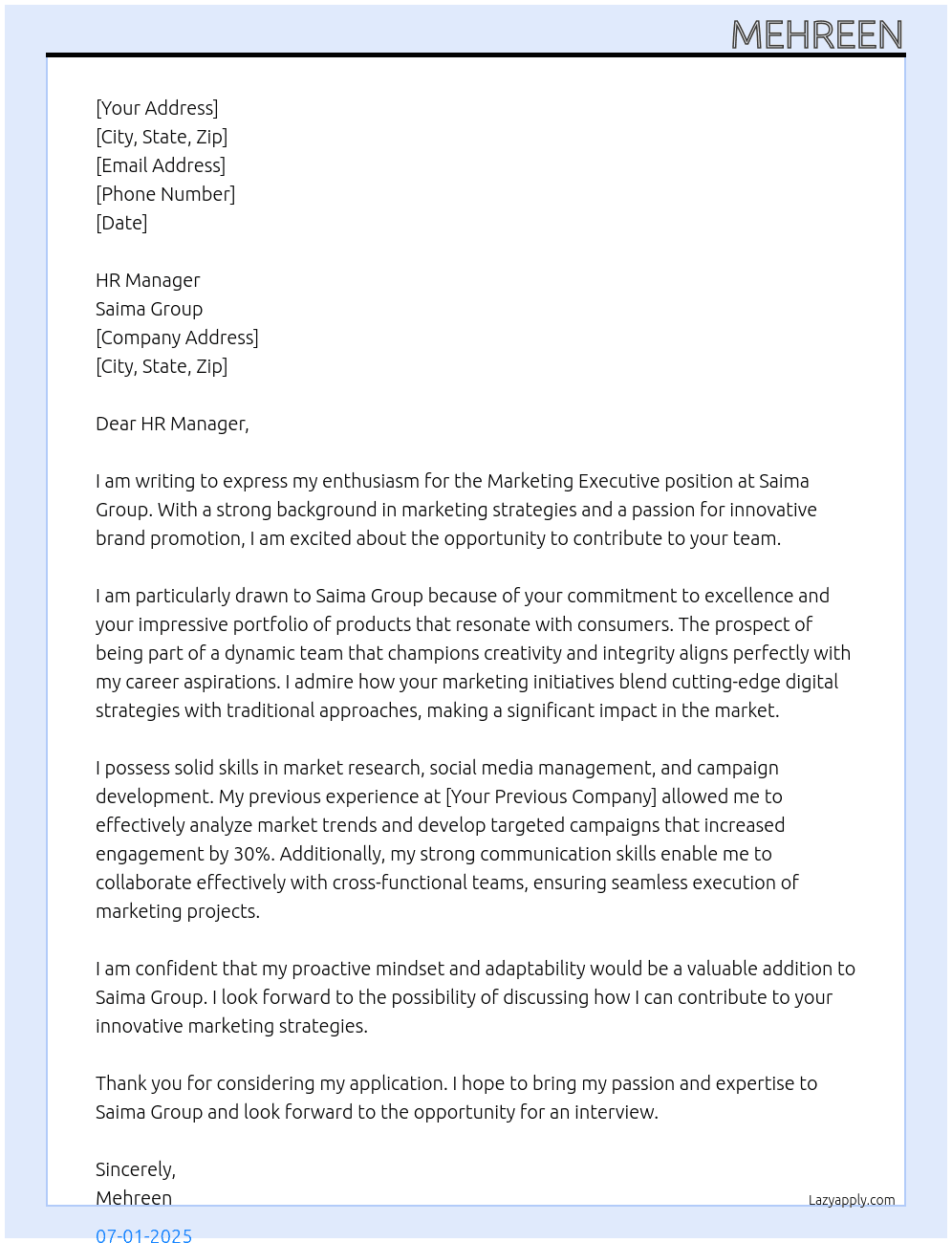 Marketing Executive At Saima Group Cover Letter