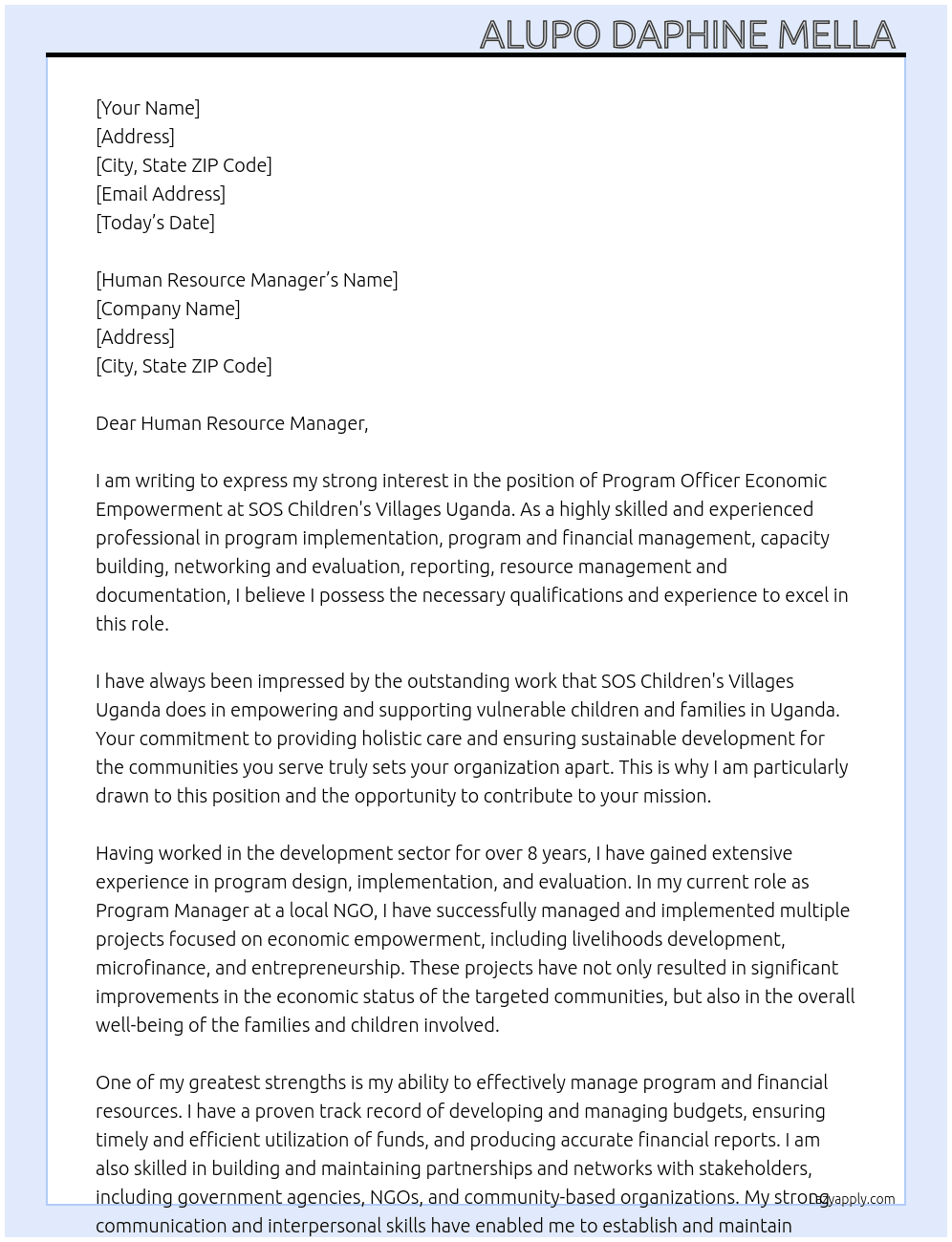 Program Officer Economic Empowerment  At SOS Children's Villages Uganda  Cover Letter