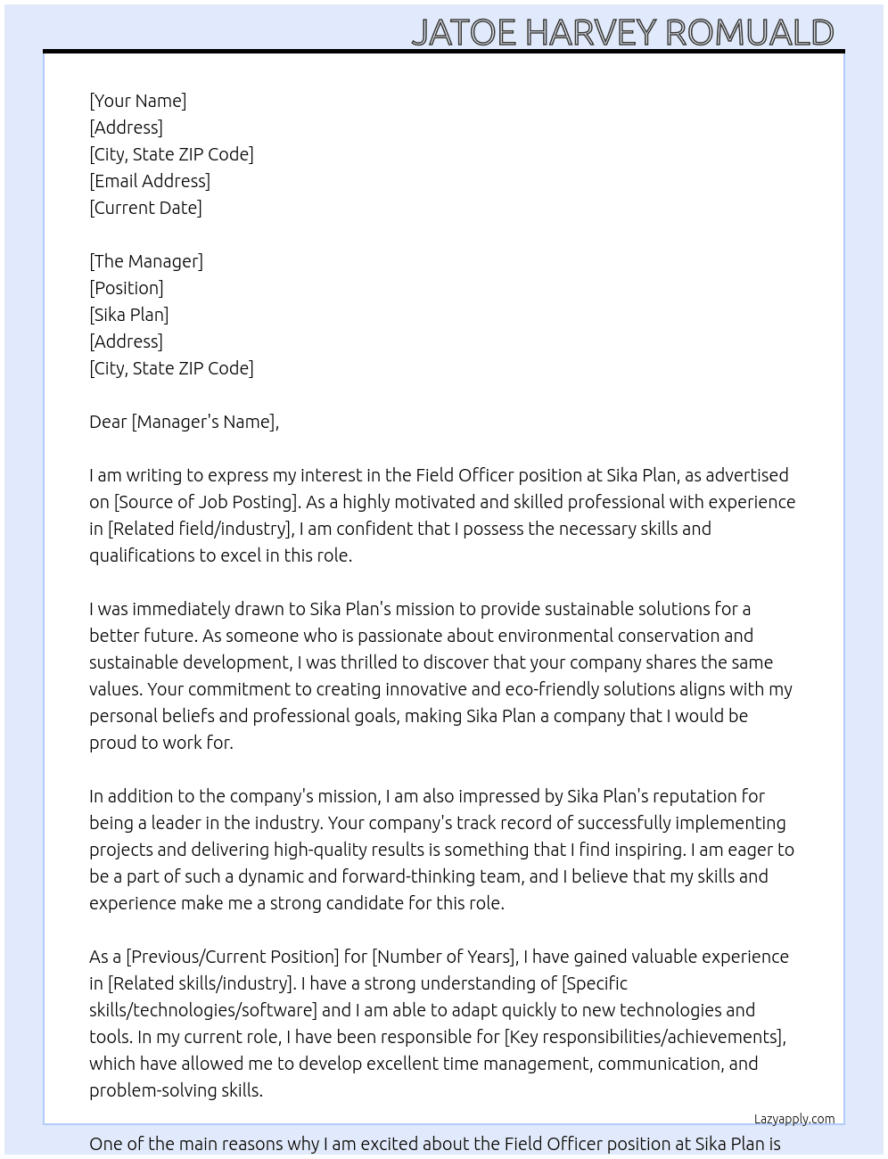 field officer  At Sika Plan  Cover Letter