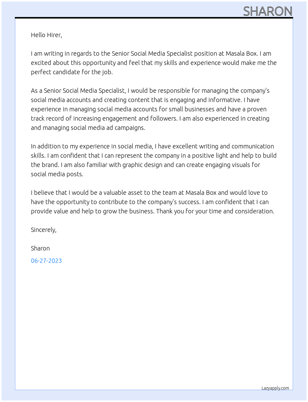 Senior Social Media Specialist At Masala Box Cover Letter