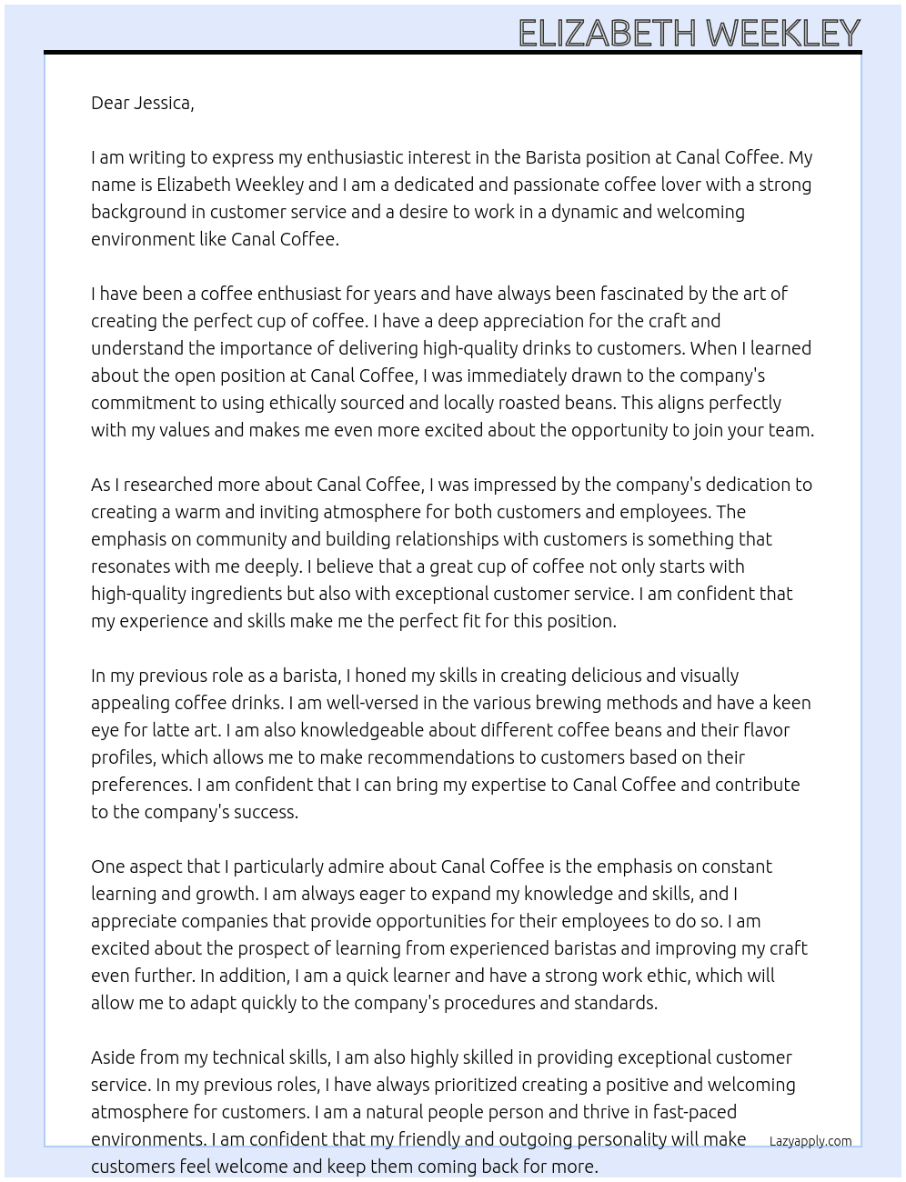 Barista At Canal Coffee Cover Letter