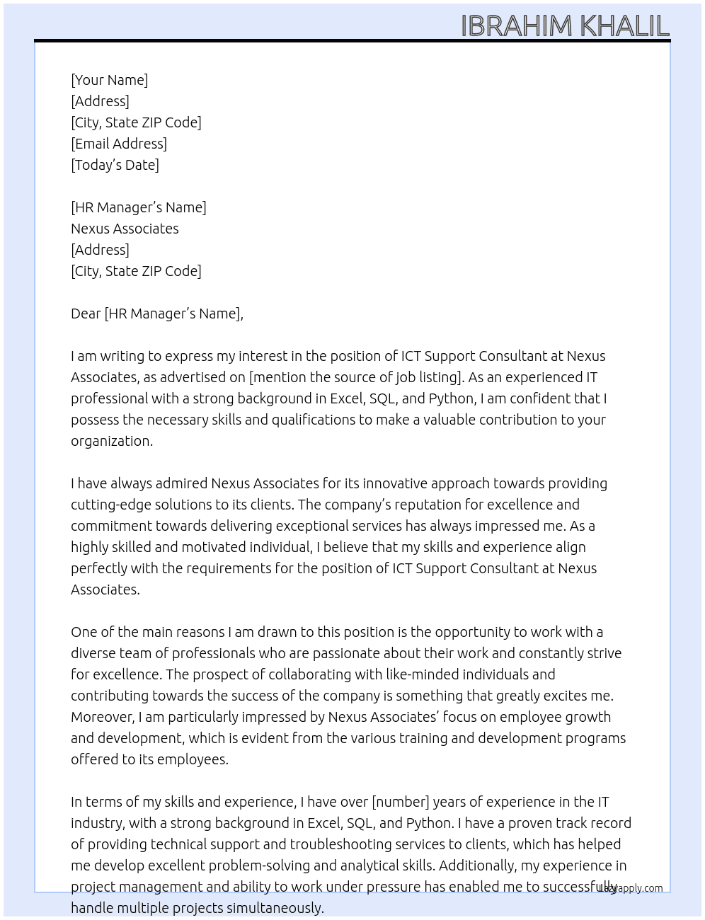 ICT Support Consultant At Nexus Associates Cover Letter