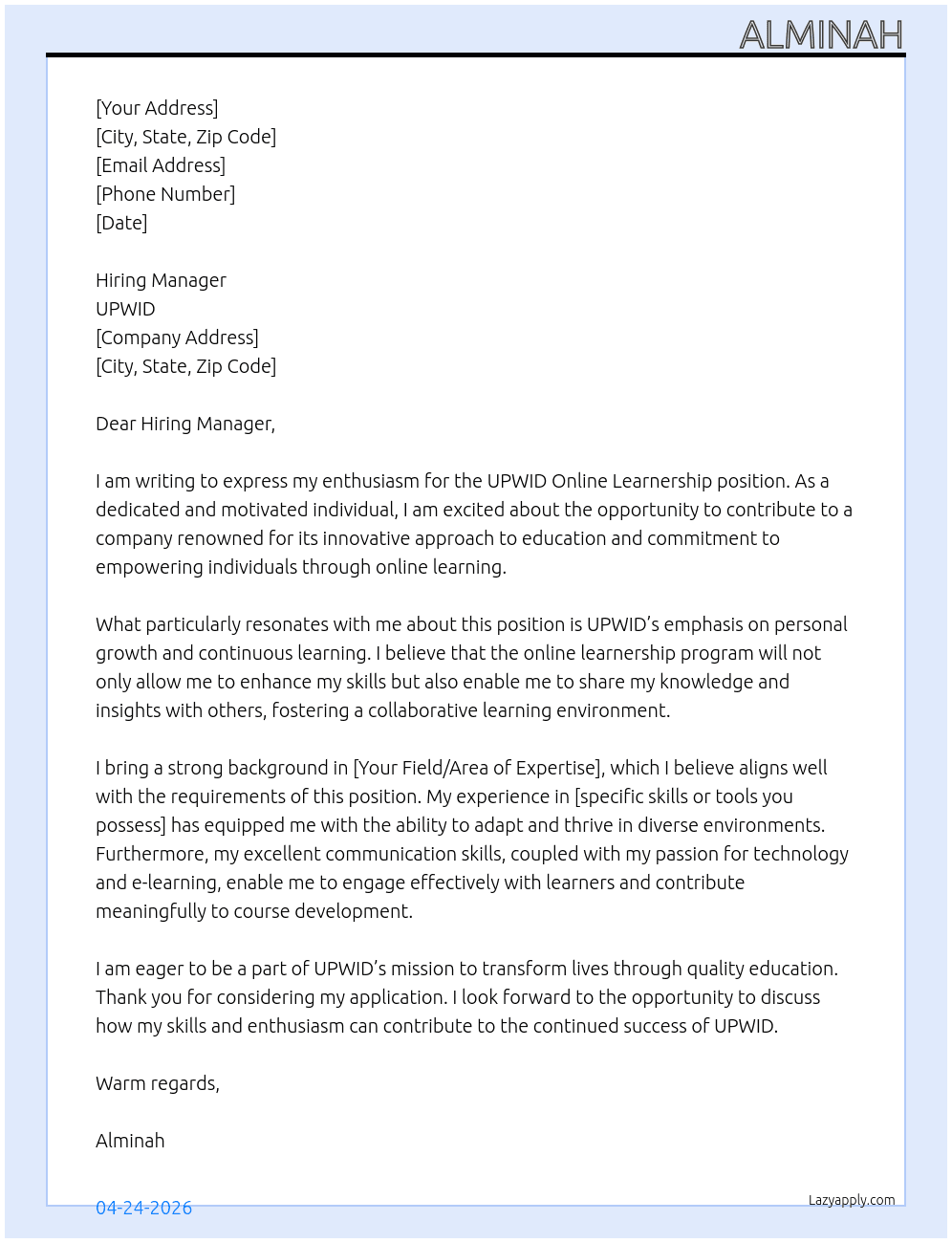 UPWID online learnership At UPWID Cover Letter