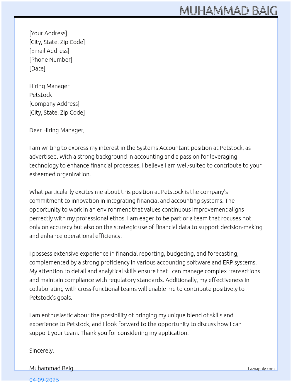 Systems accountant At Petstock  Cover Letter