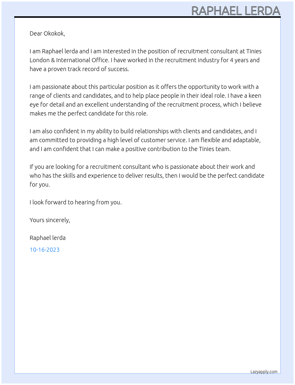 recruitment consultant At Tinies London & International Office Cover Letter